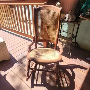 Victorian Oak Cane Back Carved Curved Rocking Chair